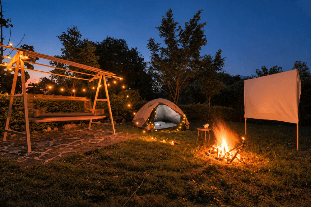 Bonfire, camping tent and fairy-lit swing on the lawn at night