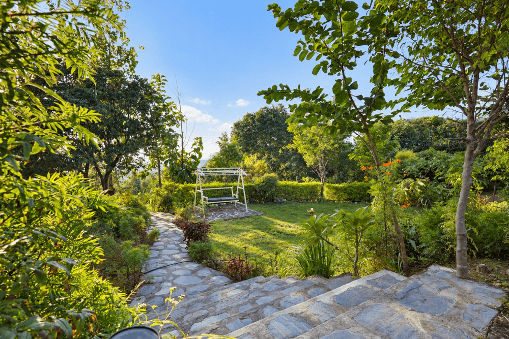 Stone path through the garden leading to a swing