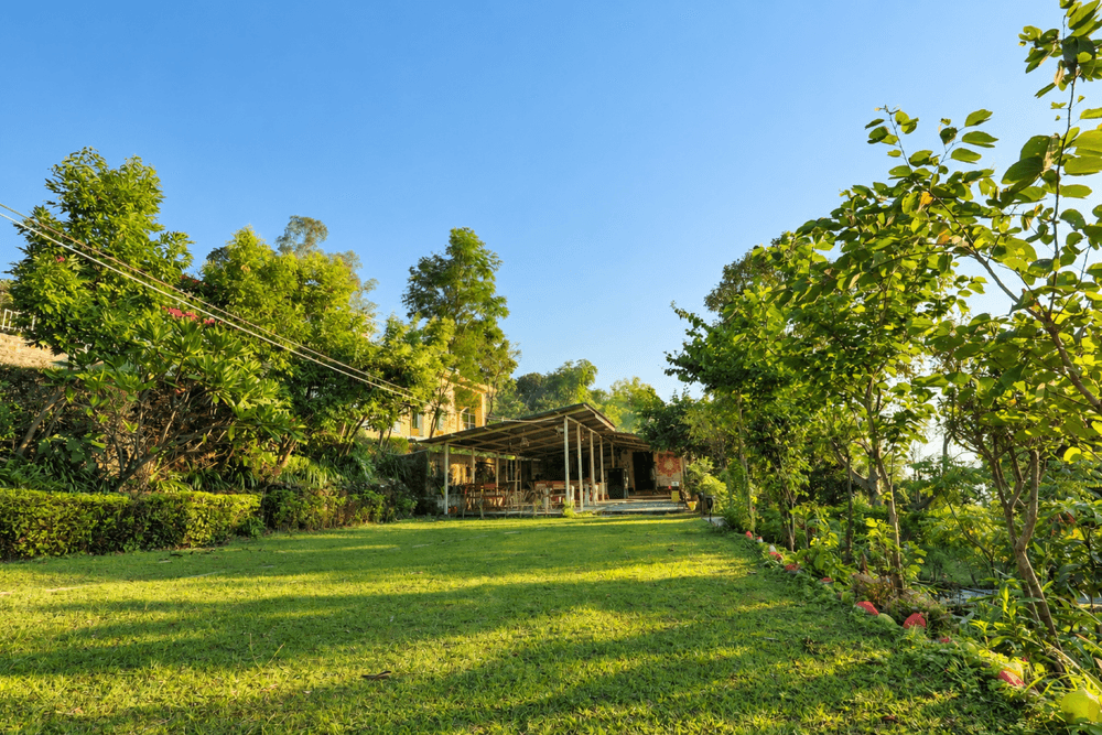 Green lawn and open-air dining pavilion at Baromasaa